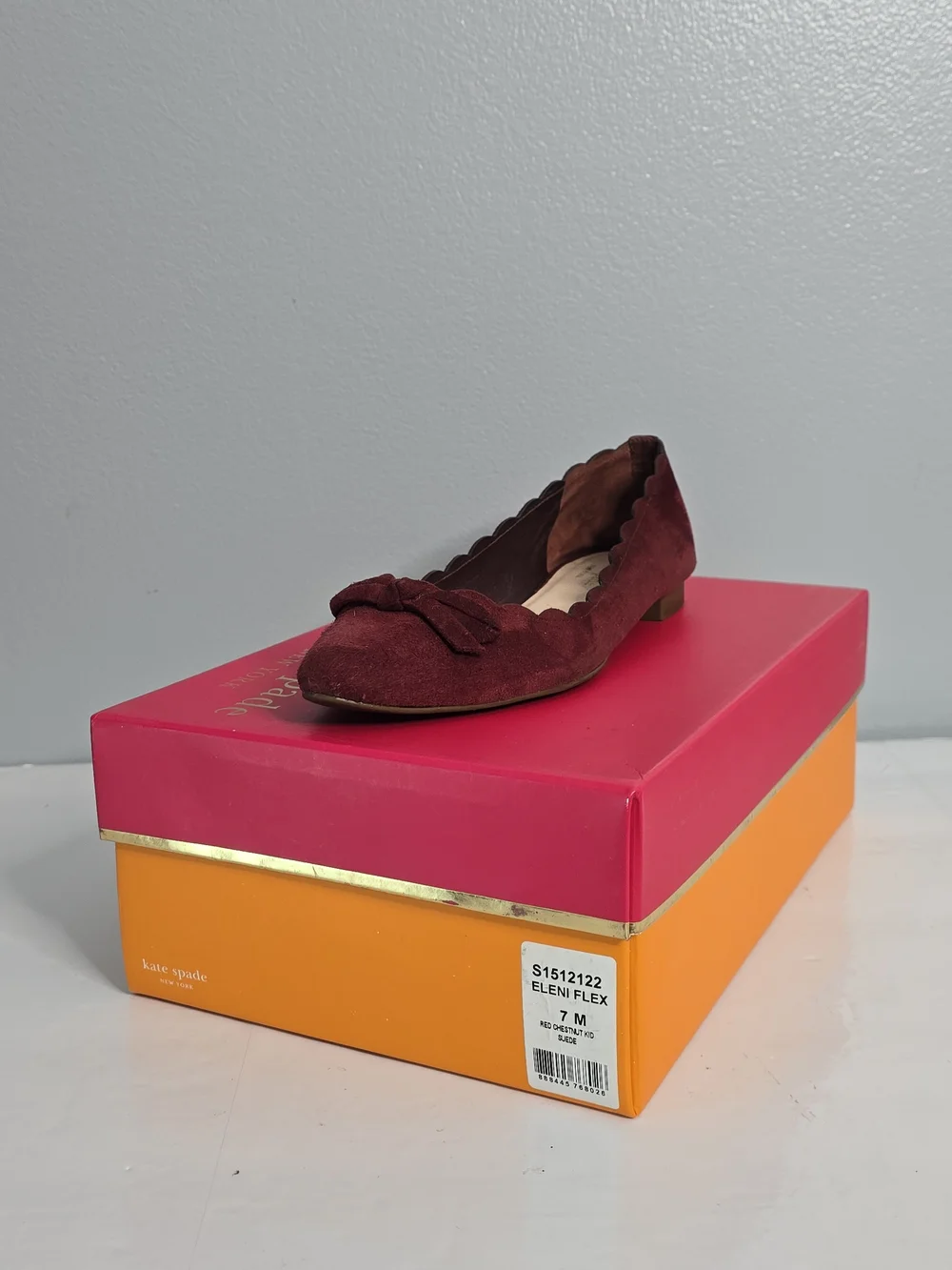 Kate Spade Eleni Flex Red Chestnut Suede Scalloped Bow Flats